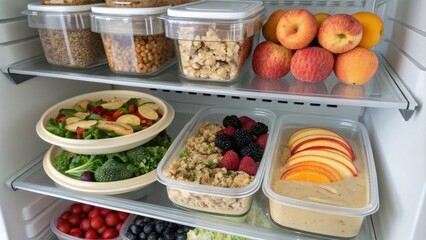 A carefully curated fridge presents a systematic approach to meal prep. On the upper level containers hold exotic grains like farro paired with roasted vegetables and lemontahini