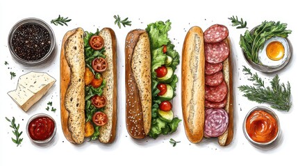 sandwich set hand drawn sketch lettuce leaves salami cheese bacon ham and vegetables in submarine style sandwiches both a top down and perspective view ingredients that fly fast foo