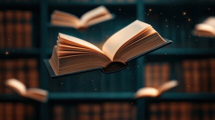 Fototapeta premium A mystical scene of floating books above a bookshelf, evoking a sense of wonder and imagination in a serene library setting.