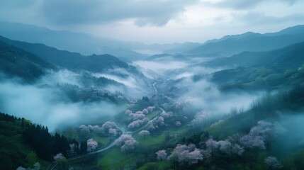 Obraz premium Foggy mountain valley covered in lush greenery