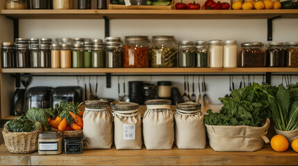Zero Waste Kitchen with Glass Jars, Reusable Bags, and Fresh Produce