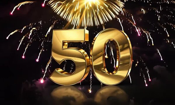 Golden number fifty against firework burst background