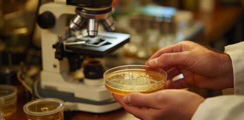 A scientist holds a petri dish near a microscope in a laboratory setting.