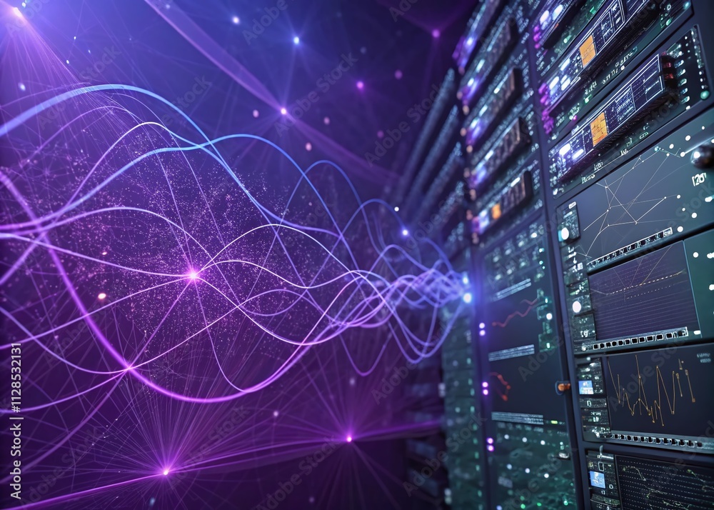 Poster abstract purple tech background with digital waves and neural connections representing cyber quantum