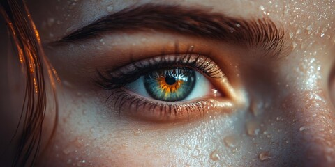 A close-up of a woman's eye, glistening with water droplets, showcasing vibrant colors and detail.