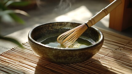 A focused shot of a chasen whisk resting inside a traditional matcha bowl with fresh green matcha powder, soft natural lighting creating gentle shadows on a bamboo mat background,