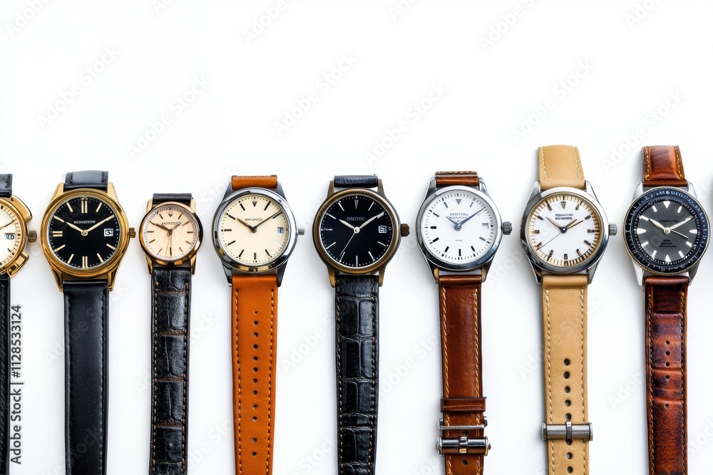 Fototapete various wristwatch styles displayed in a row on a white background, showcasing diversity in design a