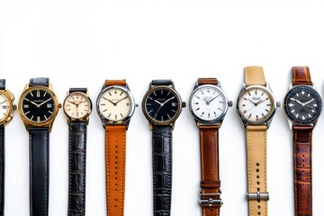 Various wristwatch styles displayed in a row on a white background, showcasing diversity in design and materials with ample copy space. Generative AI
