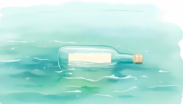 Watercolor bottle with message floating in calm sea