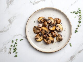 Fototapeta premium A plate of saut?ed mushrooms garnished with herbs, showcasing a delicious food presentation.