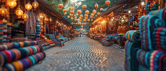 Obraz premium Laos Night Market Vibrant Textiles Crafts and Lanterns