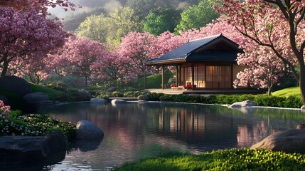 Obraz premium A_tranquil_Japanese_garden_in_spring_cherry_blossoms