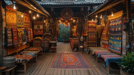 Laos Market Colorful Textiles Handicrafts Souvenirs Asian Culture Travel Photography