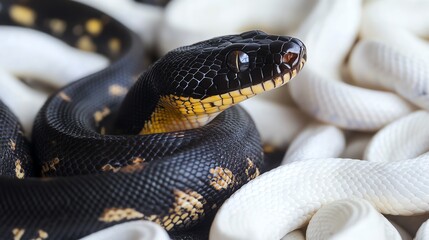 Fototapeta premium Close-up of a beautiful python snake coiled among white surfaces, showcasing its striking scales and texture.