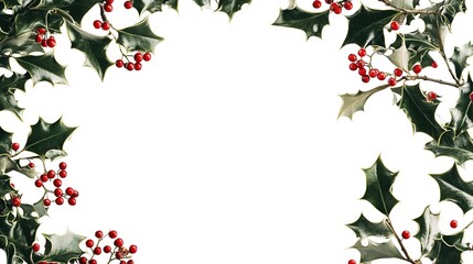 Close-up of holly leaves with red berries on a white background. PNG transparent. 
