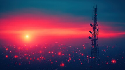 Naklejka premium silhouette of a communication tower showing current technology and infrastructure with dishes and antennas placed against a white backgroun