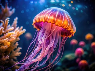 Naklejka premium Mesmerizing glowing jellyfish illuminate an underwater world, captured in stunning photography.