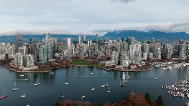 A downtown Vancouver (British Columbia, Canada) aerial drone clips of real estate buildings, condos, and apartments.