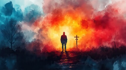 silhouette of a man praying at the cross on watercolor background digital watercolor painting