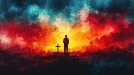 Obraz premium silhouette of a man praying at the cross on watercolor background digital watercolor painting