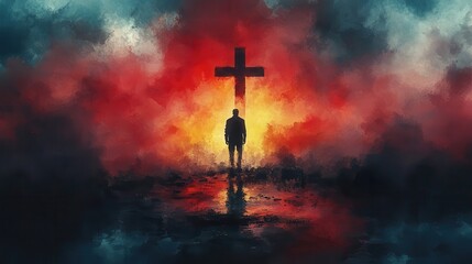 Obraz premium silhouette of a man standing in front of a cross on watercolor background