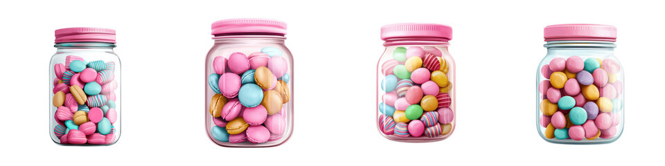 Obraz premium Assortment of Colorful Candies and Sweets in Glass Jars Displayed on a White Background Variety of Delicious Confectionery Items Including Gummy Bears Lollipops Jelly Beans and More