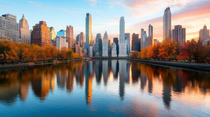 Obraz premium A stunning cityscape at sunset, reflecting skyscrapers in a serene river, surrounded by autumn foliage.