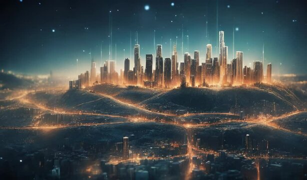 Futuristic Cityscape at Night with Glowing Buildings and Digital Effects