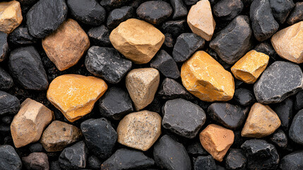 A mix of dark and light stones scattered on a surface, showcasing various textures and colors.