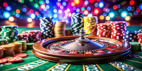 A Close-Up of Colorful Poker Chips on a Green Felt Table with a Roulette Wheel and Glowing Ball in the Background, Capturing the Excitement of Casino Gaming Atmosphere