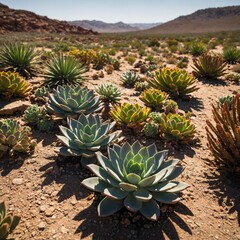 Obraz premium A vibrant scene of lush green plants thriving in a serene natural environment. The plants include ferns, succulents, and flowering species, each glowing with dew under a soft golden morning light.