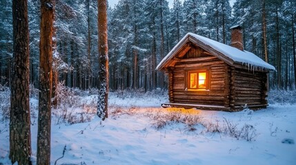 Traditional log cabin in a snowy forest clearing, warm fireplace light inside