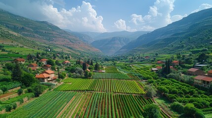 Fototapeta premium Lush Green Valley Farmland Mountain Landscape Rural Houses