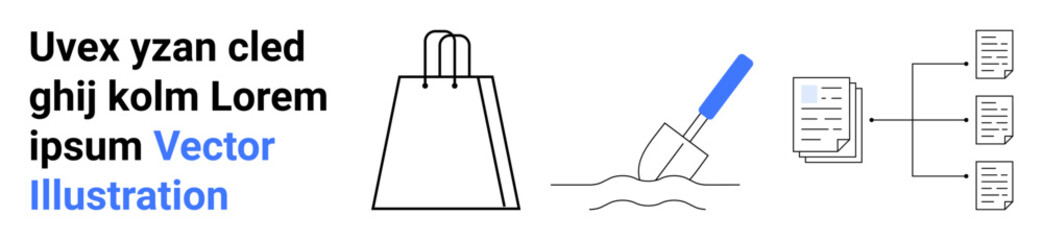 Naklejka premium Shopping bag, shovel in sand, documents connected in organizational chart. Ideal for retail, construction, paperwork, organization, information flow project management service planning. Landing