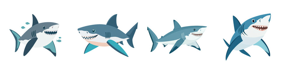 Obraz premium Collection of Terrifying Sharks Hunting Underwater in the Deep Blue Ocean with Powerful Jaws and Serrated Teeth