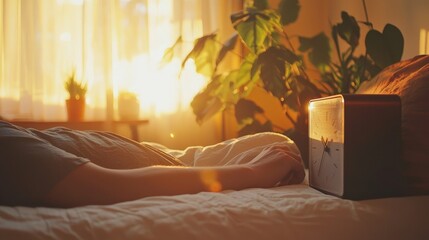 Hand reaching to adjust bedside lamp in cozy bedroom with soft morning light.