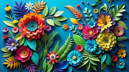 A Colorful Display of Vibrant Paper Cut Flowers and Green Leaves Set Against a Bright Blue Backdrop, Perfect for Nature-Inspired Designs and Creative Projects