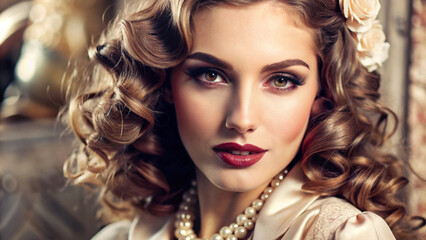 Fototapeta premium Elegant retro portrait of woman with curly hair and red lipstick