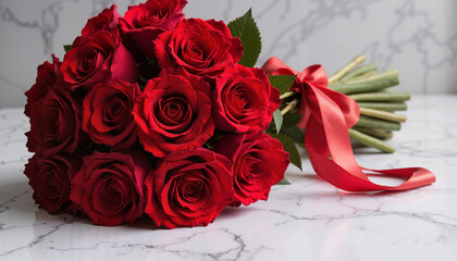 A luxurious bouquet of red roses tied with a silk ribbon on a smooth marble surface with soft lighting