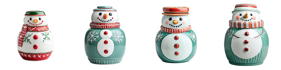 Collection of colorful ceramic and porcelain snowman figurines with festive holiday decor such as hats scarves and bright colors for Christmas and winter seasonal