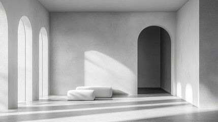 Minimalist White Room With Arched Windows And Ottomans