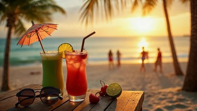 Atardecer en la playa con c&oacute;cteles tropicales y relajaci&oacute;n junto al mar.
