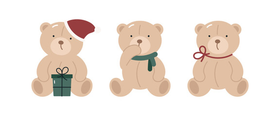 Set with cute Christmas teddy bear. Christmas design. Cartoon flat vector illustration. Isolated on white background. Elements for printing, poster, card.