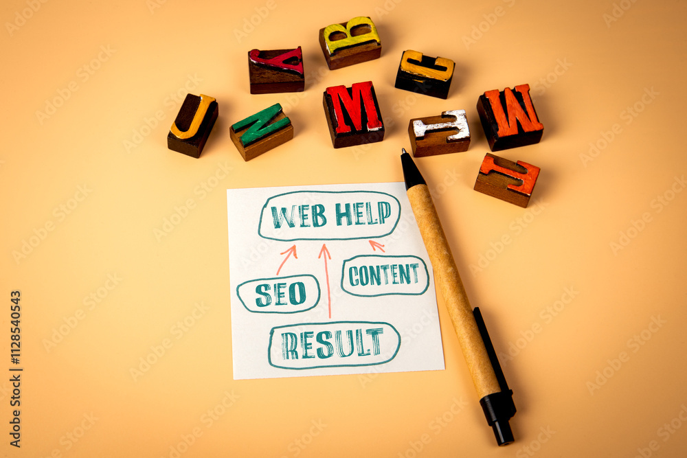 Poster web help. notepad and wooden alphabet letters on a light background