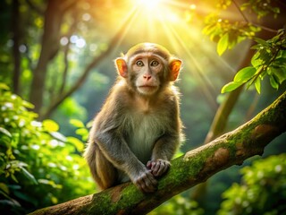 Fototapeta premium A Curious Monkey Perched on a Tree Branch in a Lush Green Forest Under a Bright Blue Sky, Capturing the Essence of Wildlife in a Vibrant Natural Habitat