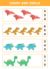 Count and circle the correct number. Counting educational children game. Math kids activity sheet. How many counting game with cute dino illustration.