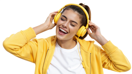 Happy young woman in yellow hoodie smiling with closed eyes, enjoying music via wireless headphones