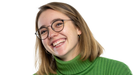 Headshot of student girl in stylish glasses smiling at camera with enthusiasm