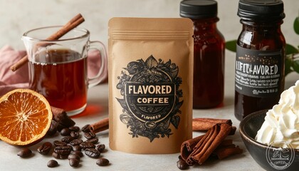 Flavored Coffee Pouch Mockup, Creative Coffee Flavor Options with Beans, Syrup, Whipped Cream
