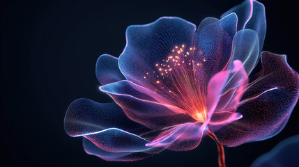 Neon Light Illuminated Flower Wireframe on a Futuristic Digital Wallpaper